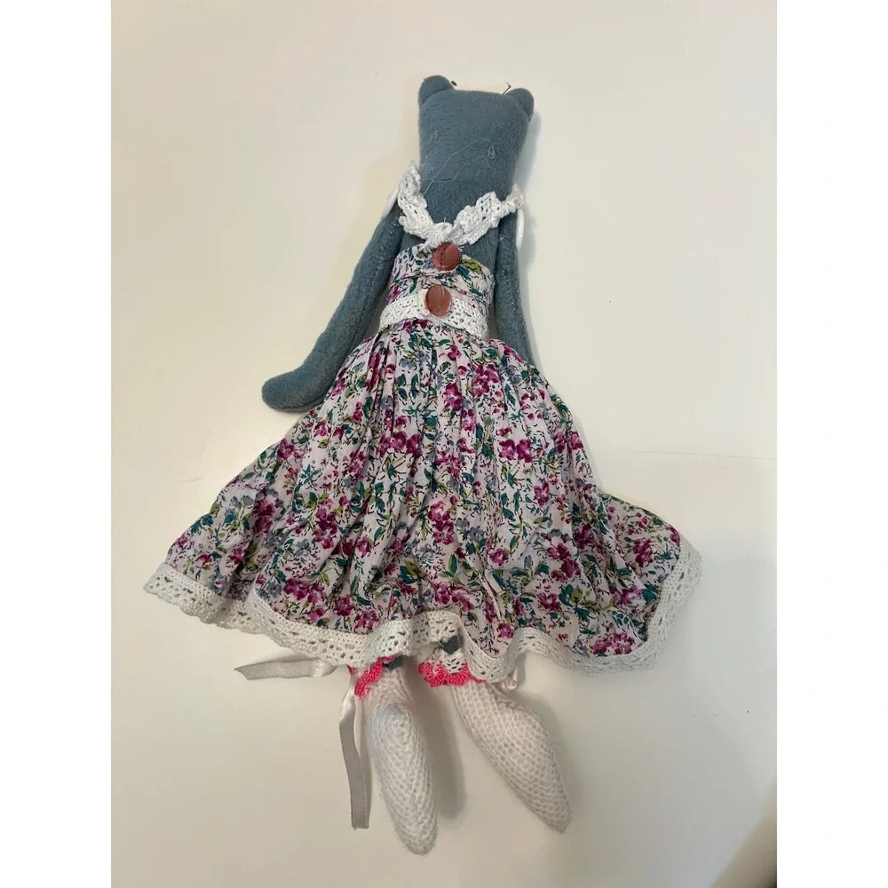 Handmade Folk Art Cat Doll Set Mother and Kitten Floral Lace Tiered Dress Felt